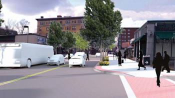 A rendering included in a draft report of the BRA’s Fairmount Indigo Planning Initiative depicts improvements to the streetscape along Dudley Street looking west towards the Uphams Corner station. 	Image courtesy BRA